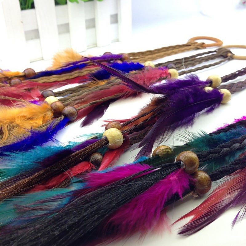 Fodattm 4PCS Women Lady Handmade Boho Hippie Hair Rope Head Wrap Hair Band Headbands Elastics Feather Hair Tie Ponytail Holders Hair Accessories Headdress - Image 3